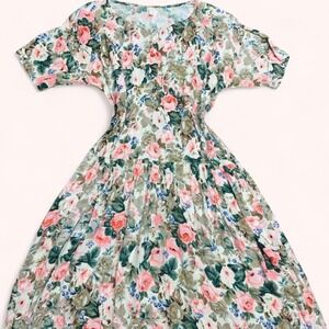 Vintage Floral Maxi Dress M-L Pink Green 90s Drop Waist Pockets Cottagecore